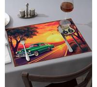 Western Tablecloth Vintage Car Driving On Route 66 At Sunset. Dining Place Mats Rustic Home Decor Heat Resistant Mats For Countert(1PCS)