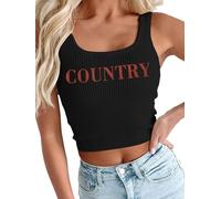 Western Tank Top Country Music Crop Tops Cowgirl Shirts Country Music Ribbed Knit Crop Top, Black-1, S