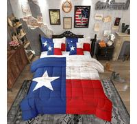 Western Texas Star Bed in a Bag King Size Comforter Set 7 Pieces,Vintage American Flag Bedding Sets Cowboys Gifts White Red and Blue Comforter and Sheet Set Grunge United States Flag Farmhouse Bed Set