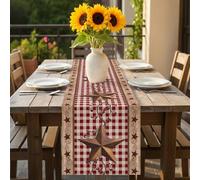 Western Texas Star Table Runner 13x72 inch Vintage Rust Red Star Berry Red Plaid Wood Grain Cotton Linen Dining Table Runner Ideal for Dresser Kitchen Coffee Tables - Machine Washable