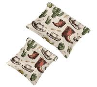 Western Theme Cowboy Cactus Boots Cowboy Hat Pocket Cosmetic Bag, Waterproof Squeeze Makeup Bag No Zipper Self-Closing, Portable Mini Travel Storage for Headphones Jewelry
