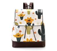 Western Themed Cactus Cowboy Boho Pattern Women Laptop Backpack, PU Leather Daypack Fashion Rucksack Travel Shoulder Bag