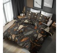 Western Tribal Emperor Bedding Set 3 Piece, Bedroom Decor Duvet Cover and 2 Pillowcases, Boho Skull Feather Quilt Cover with Zip, Ultra Soft Microfibre YH-E71