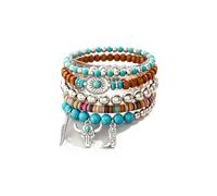 Western Turquoise Bracelets for Women Boho Turquoise Beaded Stackable Strech Bracelet Vintage Ox-head Feathers Cowgirl Ethnic Westerns Leather Bracelet Western Jewelry Country Concert Accessories, L