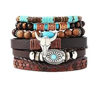 Western Turquoise Bracelets for Women Boho Turquoise Beaded Stackable Strech Bracelet Vintage Ox-head Feathers Cowgirl Ethnic Westerns Leather Bracelet Western Jewelry Country Concert Accessories, L