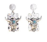 Western Turquoise Bull Skull Dangle Earrings - Vintage Silver Longhorn Cow Skull Drop Earrings for Women Boho Cowgirl Jewelry