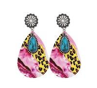 Western Turquoise Teardrop Dangle Earrings for Women Bohemian Leopard Print Cowhide Pattern Statement Earrings Vintage Silver Concho Stud Earrings Lightweight Southwestern Jewelry for Rodeo Party, M