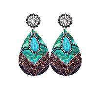 Western Turquoise Teardrop Dangle Earrings for Women Bohemian Leopard Print Cowhide Pattern Statement Earrings Vintage Silver Concho Stud Earrings Lightweight Southwestern Jewelry for Rodeo Party, M