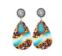 Western Turquoise Teardrop Dangle Earrings for Women Bohemian Leopard Print Cowhide Pattern Statement Earrings Vintage Silver Concho Stud Earrings Lightweight Southwestern Jewelry for Rodeo Party, M