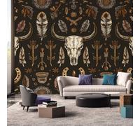 Western Wallpaper Mural, Bull Skull Tribal Feather Wall Mural, Non-Woven Print Photo Wallpaper for Bedroom Living Room Decor 250x175 cm Z372