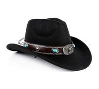 Western Wool Felt Cowboy Hat - Wide Brim Trilby Fedora Jazz Cap with Buckle Band, Shapeable Outback Derby for Men/Women (UK, Alpha, M, Black)