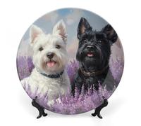 Westie and Scottie Dogs Painting Personalized Bone China Decorative Plate Ceramic Decorative Plates with Display Stand for Home Office Decor