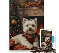 Westie Christmas by Fireplace Painting Jigsaw Puzzle 1000 Pieces Cognitive Fun Play High Precision Die Cut Unique Gift for Stress Relief (38x26cm)