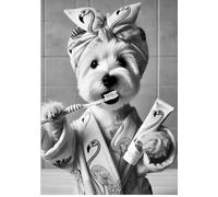 Westie Funny Bathroom Print - Female Dog Brushing Teeth Animal Wearing Dressing Gown Bath Robe Toilet Bath Loo Ensuite Wall Art Picture Sign - Dog Wall Art (Black & White, 8 x 10 inches)