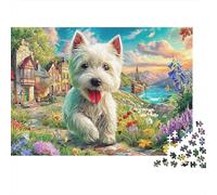Westie in Village Jigsaw Puzzles for Adults Challenging Puzzle Games Difficult Challenges 1000 Pieces Cute Difficult Hard Jigsaw Puzzles for Man And Woman with Letters on Back 52x38cm/1000pcs