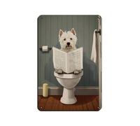 Westie Sitting on Toilet Reading Newspaper Print, Retro Poster Metal Tin Sign Chic Art Retro Iron Painting Bar People Cave Cafe Family Garage Poster Wall Decoration 8x12inch(20x30cm)