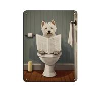 Westie Sitting on Toilet Reading Newspaper Print, Retro Poster Metal Tin Sign Chic Art Retro Iron Painting Bar People Cave Cafe Family Garage Poster Wall Decoration 12x16inch(30x40cm)