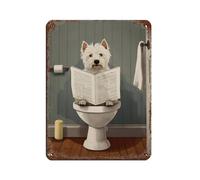 Westie Sitting on Toilet Reading Newspaper Print, Tin Sign Vintage Metal Pub Club Cafe Bar Home Wall Art Decoration Poster Retro 12x16inch(30x40cm)