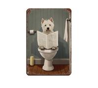 Westie Sitting on Toilet Reading Newspaper Print, Tin Sign Vintage Metal Pub Club Cafe Bar Home Wall Art Decoration Poster Retro 8x12inch(20x30cm)