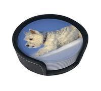 Westie Winter West Highland White Terrier Dogs,Set of 6 Round Coasters, Pu Leather Drinks Coasters with Holder for Home Office Kitchen