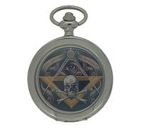 WESTIME Freemason All Seeing Eye Skull and Crossbones Silver Tone Classic Pocket Watch with Blue Masonic Dial