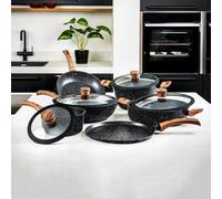 Westinghouse 11 Piece Cookware Set Non Stick Marble Coating Induction Compatible Soft Touch Wood Effect Handles Pans Set