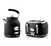 Westinghouse Retroline Breakfast Set Black, Toaster & Kettle, 1.7 Litres, Limescale Filter & Overheating Protection, Four Slot Toaster with Bun Attachment & Crumb Bowl