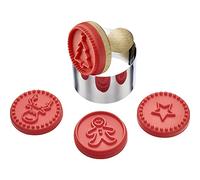 Westmark Cookie Stamp Set/Cutting Mould Set, 6 Pcs. with 4 Christmas Designs, Approx. Diameter 5 cm, Stainless Steel/Wood/Silicone, Silver/Light Brown/Red, 30352260