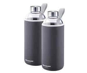 Westmark drinking bottle set, 2pcs, 2 drinking bottles made of glass with imprint, incl. 1 protective cover each, 1000 ml, glass/silicone/rubber, BPA-free, Viva, anthracite/silver/clear, 527422E6
