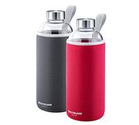 Westmark drinking bottle set, 2pcs, 2 drinking bottles made of glass with print, incl. 1 protective cover each, 1000 ml, glass/silicone/rubber, BPA-free, Viva, red/anthracite/silver/clear, 527422E8