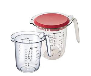 Westmark Set of 2 Measuring Jugs 0.5 L and 1 L with Lid, Multilingual Measuring Scales, Plastic, Transparent/Red, 306622E6