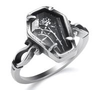 WESTMIAJW Gothic Coffin Rose Flower Rings for Men Women Stainless Steel Silver Goth Punk Biker Halloween Ring Jewellery Size S