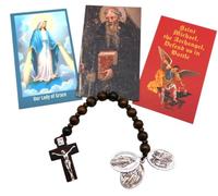 Westmon Works Catholic Rosary Chaplet Set Wooden Prayer Beads Metal Charms of Saint Michael St Benedict and Our Lady of Grace with Three Holy Cards Pack