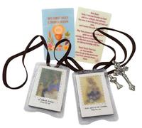 Westmon Works First Communion Boys Scapular Set Brown Laminated Accessory with Laminated Made in the USA Holy Card