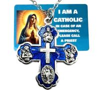 Westmon Works Four Way Cross Catholic Necklace Blue Enamel Medal Pendant on a Stainless-Steel Chain with Emergency “I Am Catholic” USA Made Laminated Holy Card