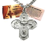 Westmon Works Four Way Medal Set Pewter Scapular Cross on a Stainless Steel Chain with Laminated I Am Catholic Call A Priest Card