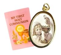 Westmon Works Her First Communion Medal Retro Italian Metal Medallion with USA Made Holy Prayer Card