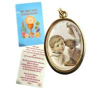 Westmon Works His First Communion Medal Retro Italian Metal Medallion with USA Made Holy Prayer Card