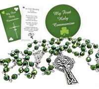 Westmon Works Irish First Communion Rosary Set Saint Patrick's Prayer Set with Green Ireland Beads Metal Celtic Crucifix and Holy Card Included in a Keepsake Case