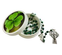Westmon Works Irish Shamrock Rosary Saint Patrick's Prayer Set with Green Ireland Beads Metal Celtic Crucifix and Holy Card in a Case, Acrylic, No Gemstone