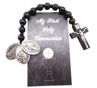 Westmon Works My First Holy Communion Rosary Chaplet Wood Bead with Metal Medallions and Prayer Card