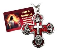 Westmon Works Sacred Heart Four Way Cross Necklace Red Enamel Catholic Pendant on a Stainless-Steel Chain with Emergency “Call Priest” Made in the USA Laminated Holy Card