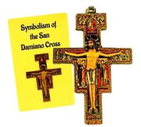 Westmon Works San Damiano Pendant Cross Wooden Crucifix 4" Pendant Charm from Hungary with Laminated Made in the USA Holy Card Prayer