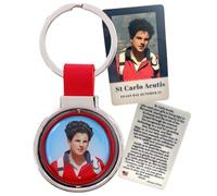 Westmon Works St Carlo Acutis Keychain Metal Rotating Key Ring Metal and Leather with Laminated Holy Card