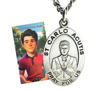 Westmon Works St Carlo Acutis Pewter Medal and Stainless Steel Necklace Set with Patron Saint of the Internet Prayer Card