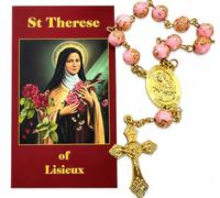 Westmon Works St Therese Chaplet Rosary Pink Rose Bead Crucifix Gold-tone with Prayer Card