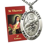 Westmon Works St Therese Pewter Medal Set Italian Metal Medallion on a Stainless Steel Chain with Holy Card Boxed