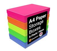 WestonBoxes A4 Colourful Transparent Plastic Craft Storage Boxes with Lids for Art Supplies, Paper and Card (NEON Mix/Opaque, Pack of 5)