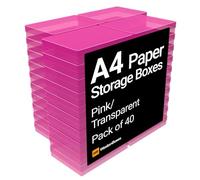 WestonBoxes A4 Colourful Transparent Plastic Craft Storage Boxes with Lids for Art Supplies, Paper and Card (Pink/Transparent, Pack of 40)