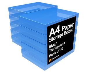 WestonBoxes A4 Colourful Transparent Plastic Craft Storage Boxes with Lids for Art Supplies, Paper and Card (Blue/Transparent, Pack of 10)